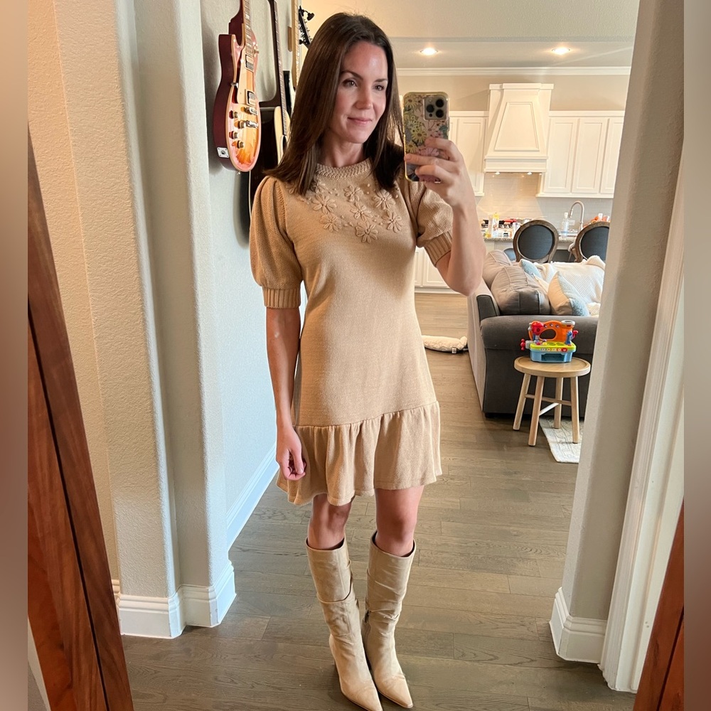 Tan Drop Waist Sweater Dress